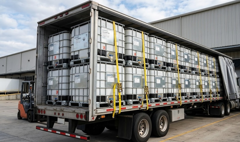 IBC tanks being loaded onto a delivery truck